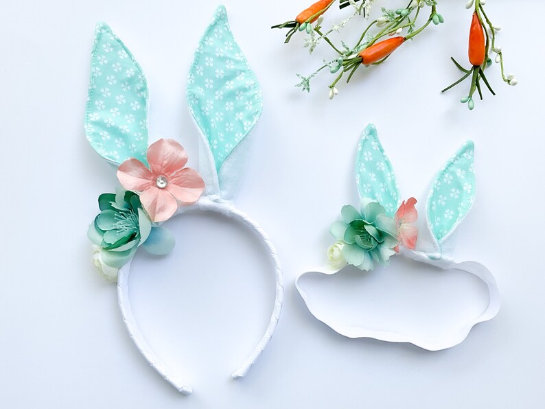 EASTER BUNNY RABBIT Costume Ears, White with Aqua Floral Print Inner Ear, Flowers, Baby Child Adult Size, Band Elastic, Babys First Easter image 1