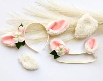 SHEEP LAMB Ears HEADBAND and/or Tail, Ivory and Pink, Optional Flower, Baby Toddler Child Kid Adult Size, Easter gift