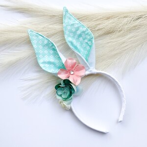 EASTER BUNNY RABBIT Costume Ears, White with Aqua Floral Print Inner Ear, Flowers, Baby Child Adult Size, Band Elastic, Babys First Easter image 3