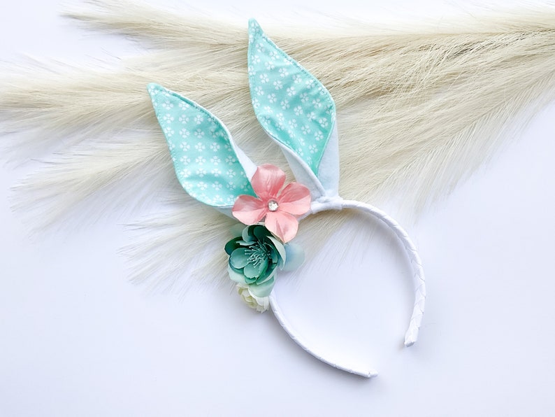 EASTER BUNNY RABBIT Costume Ears, White with Aqua Floral Print Inner Ear, Flowers, Baby Child Adult Size, Band Elastic, Babys First Easter image 3