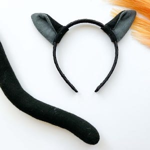 BLACK CAT Costume Ears Tail, Black and Gray, Kitty Cat Ears, Toddler Child Adult Size, Pet Cat, Cat Party, Kitty Party Favors