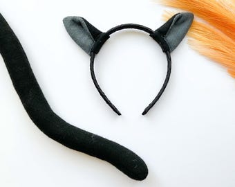 BLACK CAT Costume Ears Tail, Black and Gray, Kitty Cat Ears