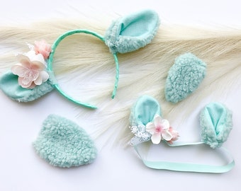 SHEEP LAMB Ears HEADBAND and/or Tail, Aqua with Aqua and White Dot Print, Optional Flower, Baby Toddler Child Kid Adult Size, Easter gift