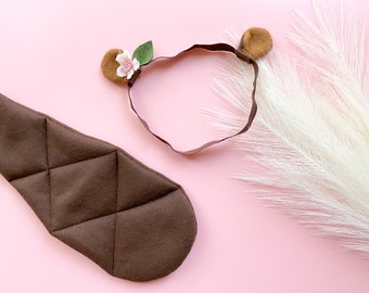 BABY BROWN BEAVER Costume Ears with flower and/or Tail, Beaver Ears, Baby Size Costume, Cute Beaver Ears, Beaver Tail, Newborn beaver gift