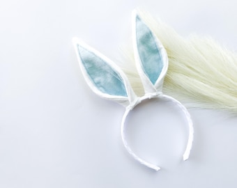 BUNNY RABBIT EARS Headband or Clips, White with Light Blue Inner Ear, Costume, Spring Easter Basket