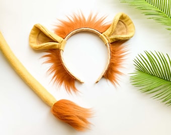 LION Ears Mane Headband and/or Tail, Golden Yellow Orange Mane, Toddler Kid Child Adult Size, Costume, Jungle Animal Ears