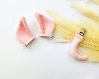 ベビーピンクのブタ耳カチューシャまたはクリップ、オプションの尻尾：コスチュームドレスアップ、ヘッドホンアクセサリー