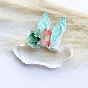 EASTER BUNNY RABBIT Costume Ears, White with Aqua Floral Print Inner Ear, Flowers, Baby Child Adult Size, Band Elastic, Babys First Easter image 5