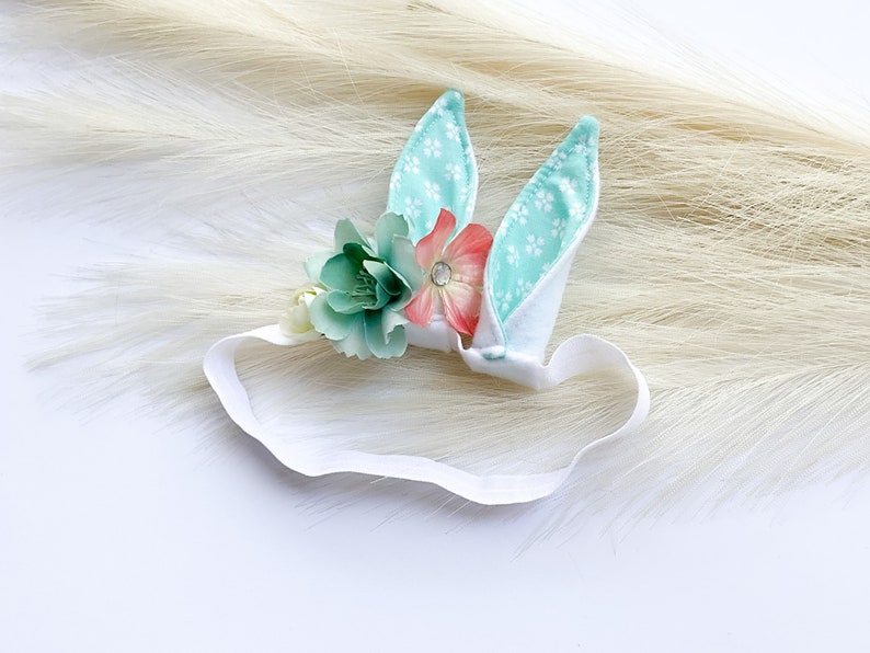 EASTER BUNNY RABBIT Costume Ears, White with Aqua Floral Print Inner Ear, Flowers, Baby Child Adult Size, Band Elastic, Babys First Easter image 5