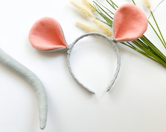 GRAY MOUSE EARS Headband, Child Kid Adult Size, Gray and Coral Pink, Costume Dress Up, Mice Ears, Playful Quality Kids Costume