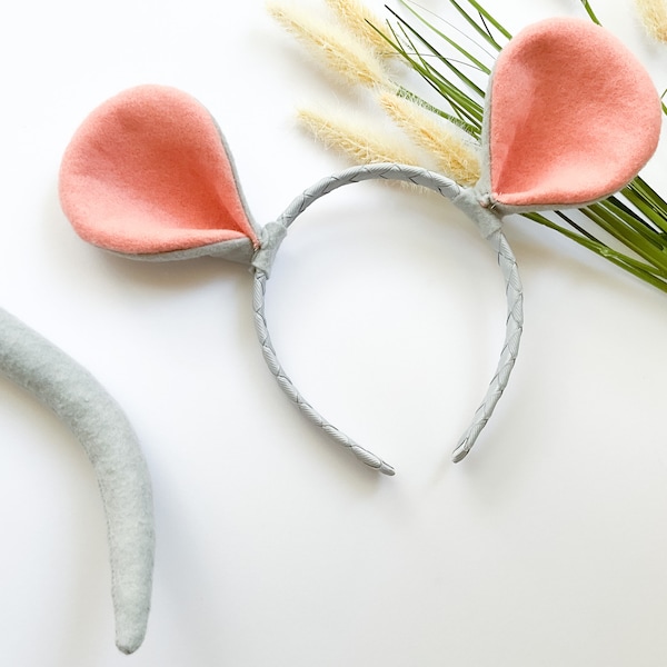 GRAY MOUSE EARS Headband, Child Kid Adult Size, Gray and Coral Pink, Costume Dress Up, Mice Ears, Playful Quality Kids Costume