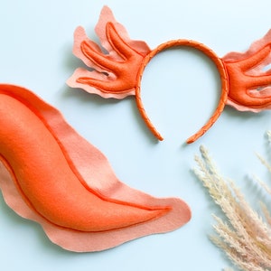 Orange AXOLOTL Costume Gills Headband and/or Tail, Baby Toddler Child Adult Size, Pet Dog Size, Create and Be Joyful Exclusive
