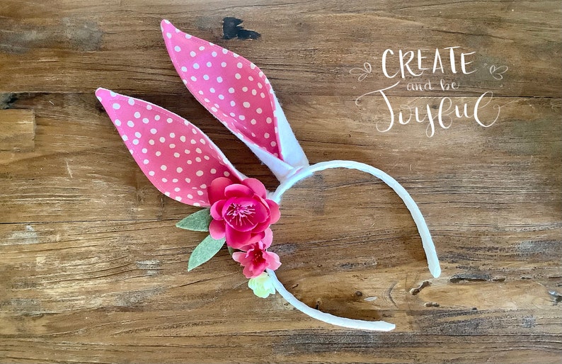Easter Bunny Rabbit Headband Ears PINK white dot with or without Flowers White Baby Child Kid Teen Basket Costume Elastic Band Baby