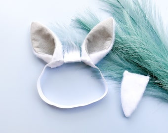 WHITE and gray LLAMA ALPACA Ears Costume Headband and/or Tail, White Fuzzy, Baby Toddler Child Adult Size, Llama ears, soft llama headband