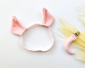ピンクの子豚の耳のヘッドバンドまたはヘアクリップ、尻尾はオプション、小型、ライトピンク、コスチュームドレスアップ、豚の耳