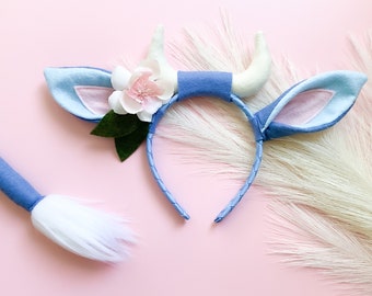 BLUE OX Costume Headband and/or Tail, Optional Flower, Medium Blue, Toddler Kid Child Adult Size, Animal Party Ears Tail Farm Barnyard Party