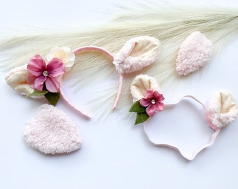 SHEEP LAMB Ears HEADBAND and/or Tail, Pink with Ivory and Pink Floral Print, Optional Flower, Baby Toddler Child Kid Adult Size, Easter gift