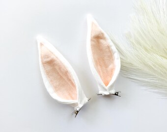 BUNNY RABBIT EARS Headband or Clips, White with Peach Inner Ear, Costume, Spring Easter Basket
