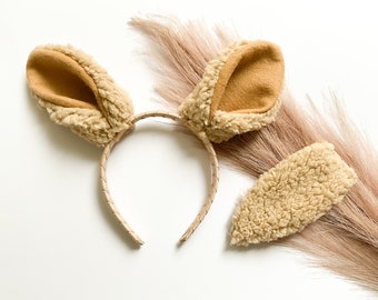 TAN LLAMA ALPACA Ears Costume Headband and/or Tail, Light Brown Tan, Baby Toddler Child Adult Size, Animal Party Ears Headband and Tail Farm
