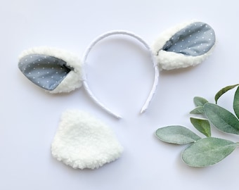 SHEEP LAMB Ears HEADBAND and/or Tail, White with Gray, Baby Toddler Child Kid Adult Size, stylish spring Easter gift