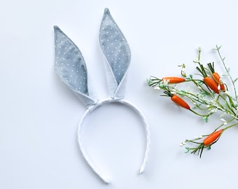 BUNNY RABBIT EARS Headband, White with Gray and Dots, Costume, Dress Up, Spring Easter Basket