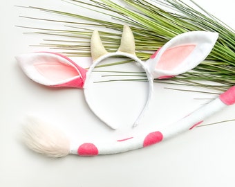 Pink STRAWBERRY COW Costume Headband Ears and/or Tail | Toddler Child Adult Size| Pet Dog Crown |Create and Be Joyful Design