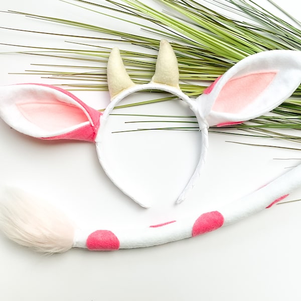 Pink COW EARS Stirnband und/oder Schwanz, Erdbeer-Kuh, Pink und Weiß, Kostüm, Dress Up