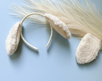 White IVORY PUPPY DOG Costume Ears and/or Tail, Short Fluffy Ears Style, Toddler Child Adult Size, Pet Dog, Animal Party Ears Headbands