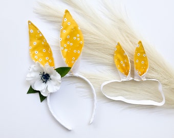 EASTER BUNNY RABBIT Costume Ears, White and Yellow Inner Ear, Optional Flower, Baby Child Adult size, Adorable Easter, Baby’s First Easter