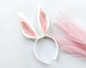 BUNNY RABBIT EARS Headband or Clips, White with Pink Inner Ear, Costume, Spring Easter Basket