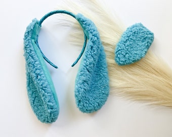 TURQUOISE Blue PUPPY DOG Costume Ears and/or Tail, Fluffy Ears Style, Toddler Child Adult Size, Pet Dog, Animal Party Ears Headbands
