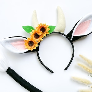 Black and White COW Costume Headband Ears and/or Tail, Sunflowers, Toddler Child Adult Size, Pet Dog Crown, Animal Ears Party Headbands Farm