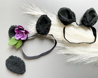 BLACK LAMB Baby SHEEP Costume Headband and/or Tail and Flowers, Purple, Baby Size, Baby’s First Birthday, Baby Photos, Farm Barn Party
