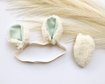 SHEEP BABY LAMB Ears Headband and/or Tail, Ivory with Aqua Blue Sparkle in Inner Ear, Baby Size, stylish spring Easter gift