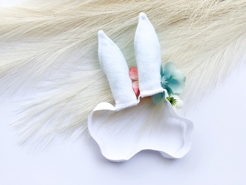 EASTER BUNNY RABBIT Costume Ears, White with Aqua Floral Print Inner Ear, Flowers, Baby Child Adult Size, Band Elastic, Babys First Easter image 9