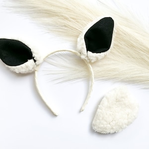 White Ivory and Black SHEEP Ears Costume Headband and/or Tail, Toddler Child Kid Adult Size, Animal Party Ears and Tail Farm Barnyard Party