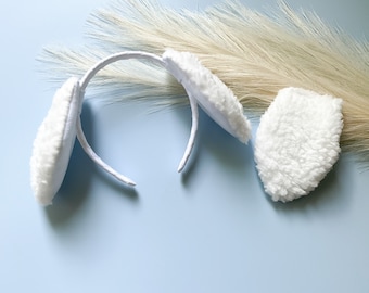 WHITE PUPPY DOG Costume Ears and/or Tail, Short Fluffy Ears Style, Toddler Child Adult Size, Pet Dog, Animal Party Ears Headbands