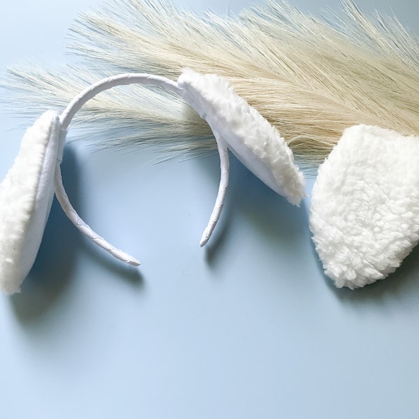 WHITE PUPPY DOG Costume Ears and/or Tail, Short Fluffy Ears Style, Toddler Child Adult Size, Pet Dog, Animal Party Ears Headbands