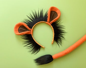 LION Ears Mane Headband and/or Tail, Orange Brown Black, Toddler Kid Child Adult Size, Costume, Jungle Animal Ears