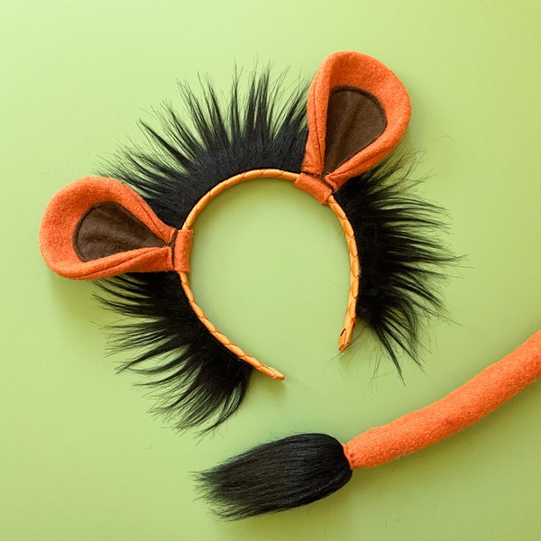 Löwenohren Stirnband und/oder Schwanz, Orange und Braun, schwarze Mähne, Kostüm, Dress Up, Dschungel Party