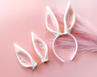 BUNNY RABBIT EARS Headband or Clips, White with Pink Inner Ear, Costume, Spring Easter Basket