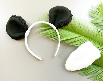 PANDA BEAR EARS Headband and/or Tail, Black and White, Child Kid Adult Size, Costume, Dress Up