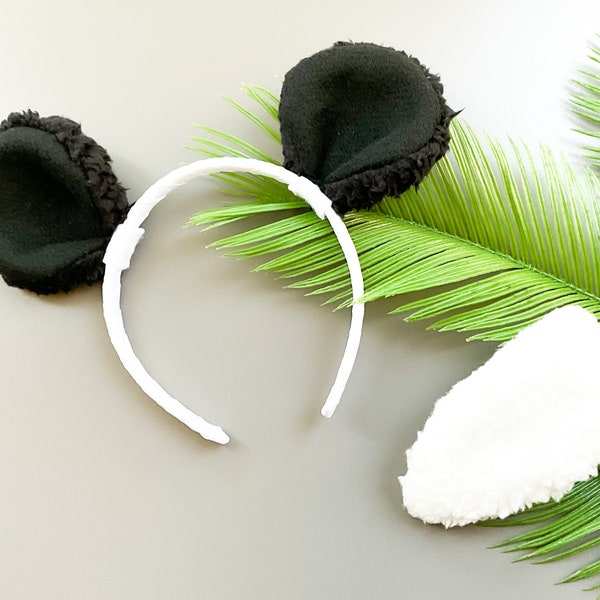 PANDA BEAR Cub Ears Headband, Black and White, Bear Tail, Toddler Child Adult Size, Furry Bear, Party Favors, Animal Party Ears