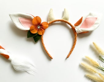 Naranja calabaza especia COW traje diadema orejas y/o cola, flor opcional, tamaño adulto niño pequeño, diademas de orejas de fiesta, animal de corral
