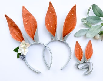 BUNNY RABBIT EARS Headband, Gray and Orange, Costume, Dress Up, Spring Easter Basket