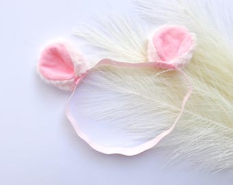 BABY PINK BEAR Cub Ears Headband, Baby Size, Small, Light Pink Bear, Woodland Forest Party Favors, Baby photo prop Ears, Newborn gift