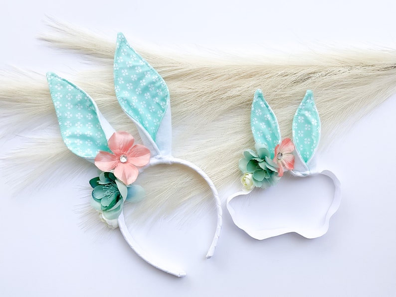 EASTER BUNNY RABBIT Costume Ears, White with Aqua Floral Print Inner Ear, Flowers, Baby Child Adult Size, Band Elastic, Babys First Easter image 4