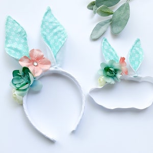 EASTER BUNNY RABBIT Costume Ears, White with Aqua Floral Print Inner Ear, Flowers, Baby Child Adult Size, Band Elastic, Babys First Easter image 2