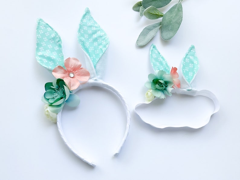 EASTER BUNNY RABBIT Costume Ears, White with Aqua Floral Print Inner Ear, Flowers, Baby Child Adult Size, Band Elastic, Babys First Easter image 2