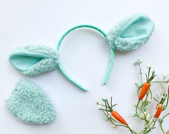 SHEEP Ears Headband and/or Tail, White with Aqua Dot Print Inner Ear, Toddler Child Kid Adult Size, stylish spring Easter gift